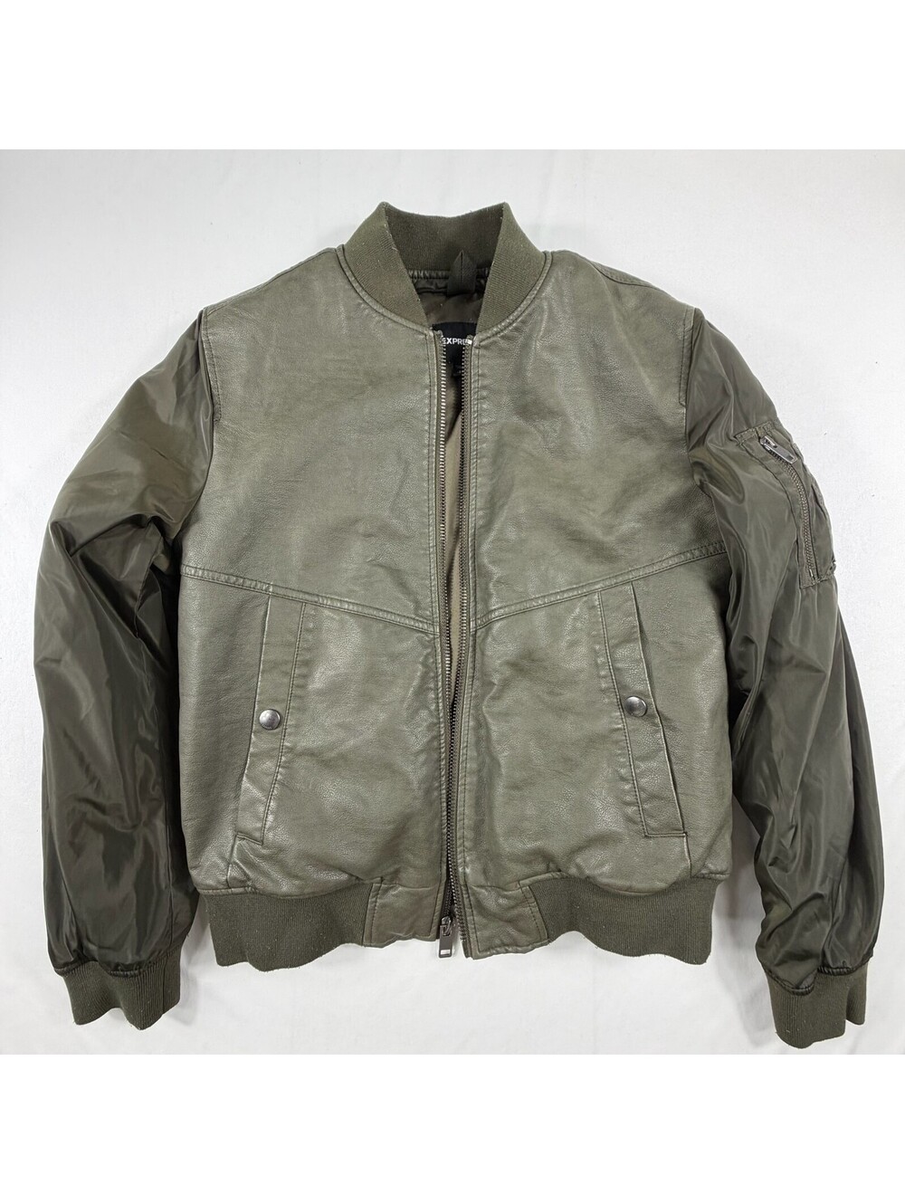 Express Women's Olive Green Faux Leather and Nylon Bomber Jacket Small